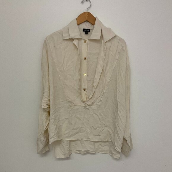 Atlein Button-Up Wrap Shirt Blouse Double Collar Long Sleeve Size 10 White - Picture 2 of 4